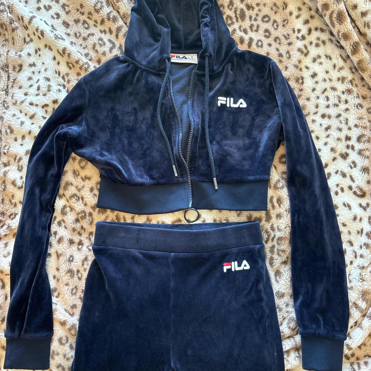 Fila navy velour tracksuit cropped hoodie and