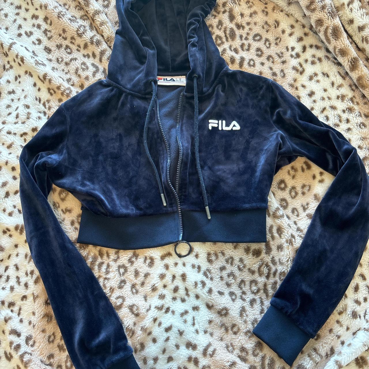 Fila navy velour tracksuit cropped hoodie Depop