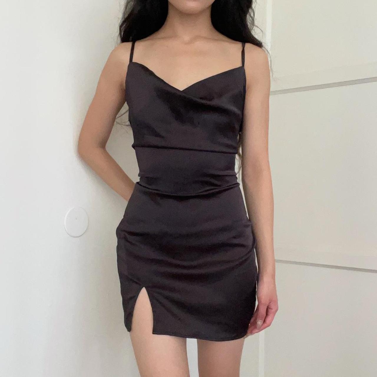 Womens - Satin Cowl Slip Mini Dress in Black