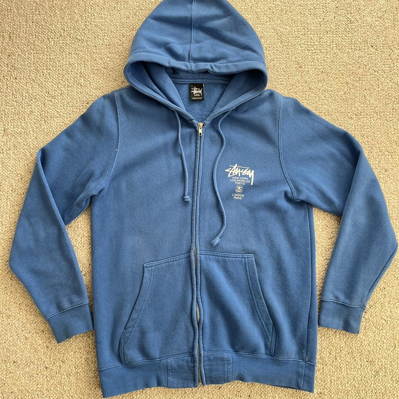 Blue Stussy World tour Zip up Hoodie Logo print | Depop