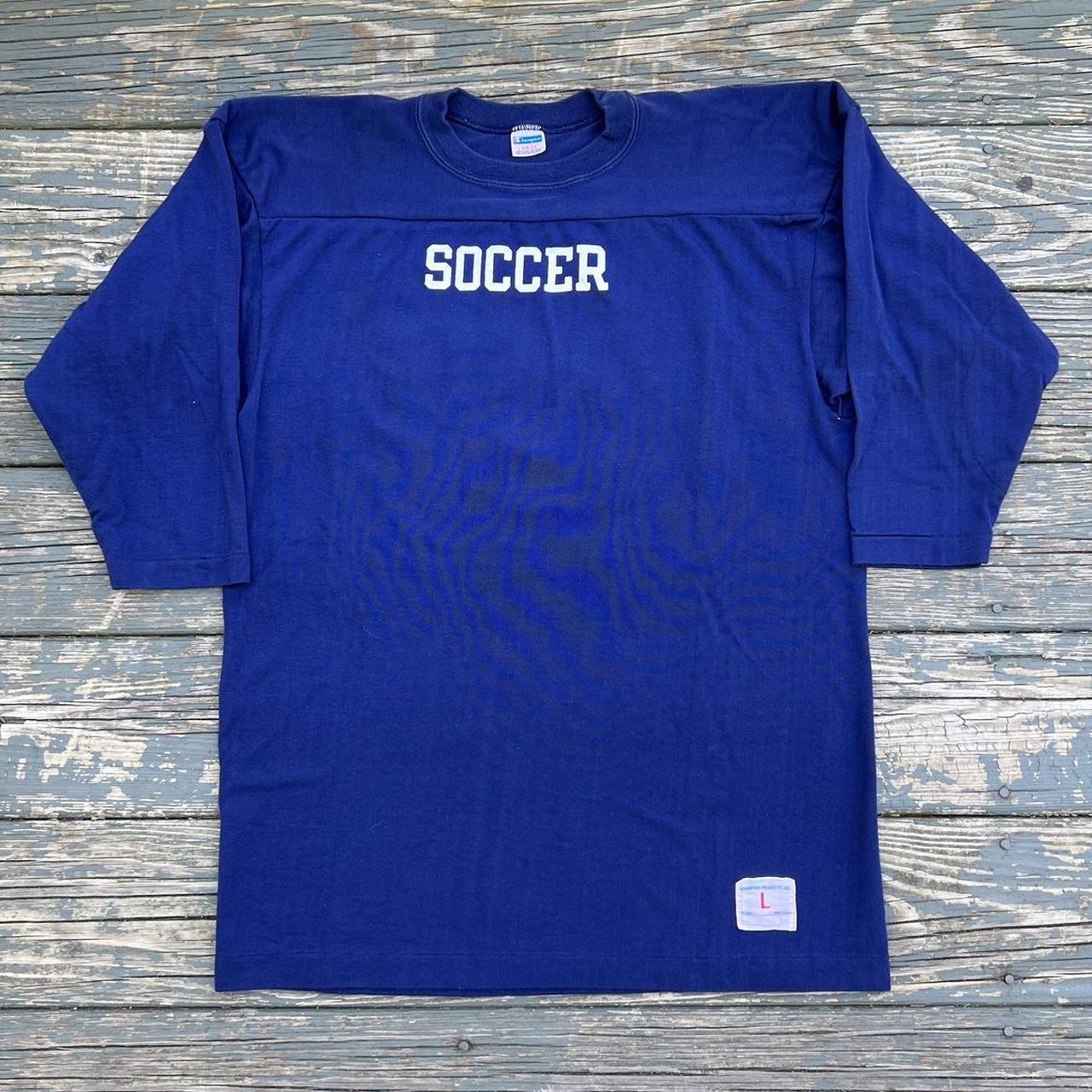 Vintage 70s Champion Soccer 3/4 Sleeve Shirt Navy... - Depop