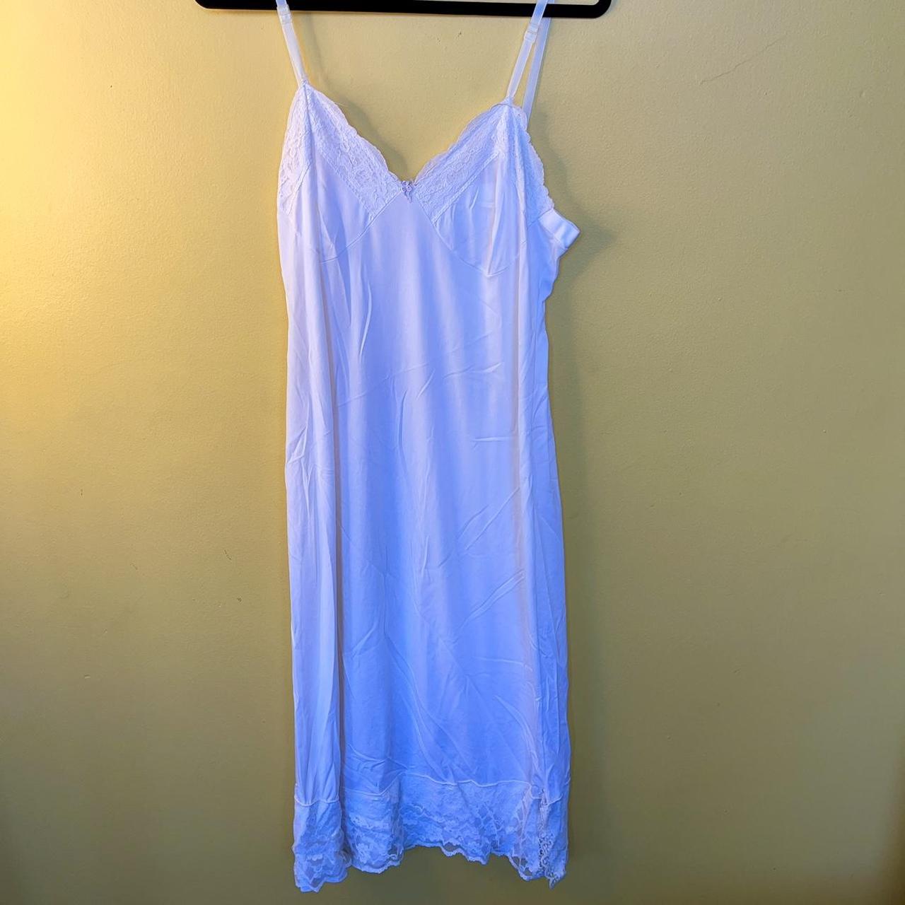 Cream lace slip dress dress with embroidery... Depop