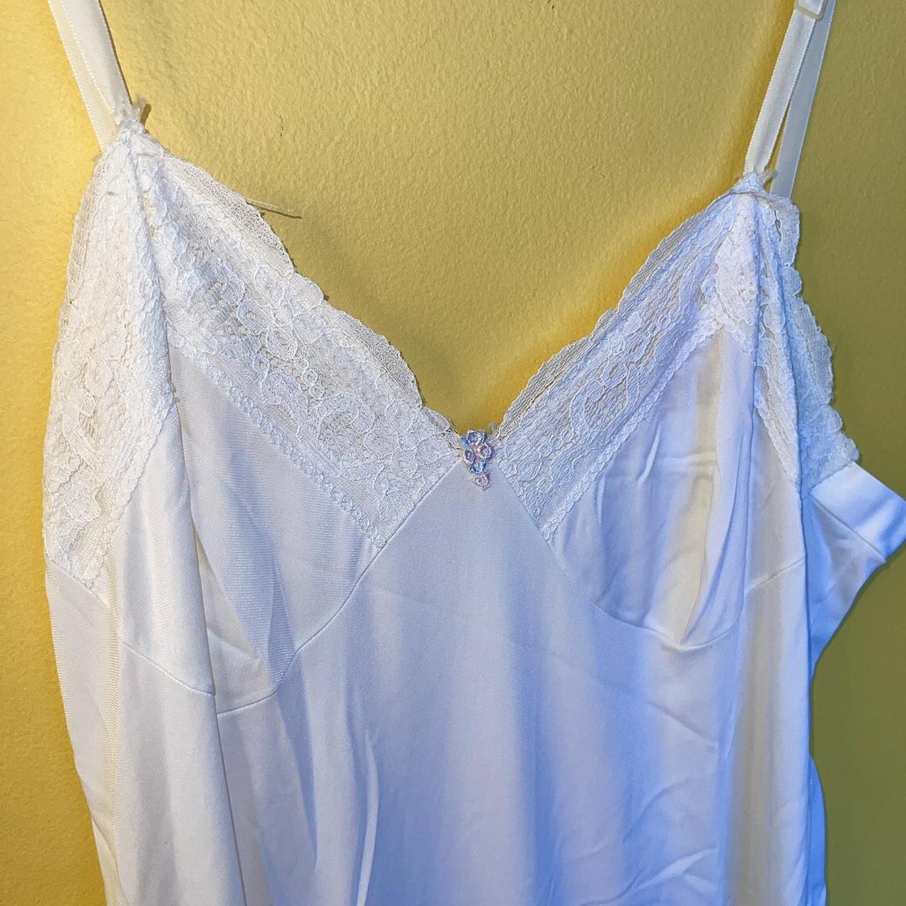 Cream lace slip dress dress with embroidery... Depop