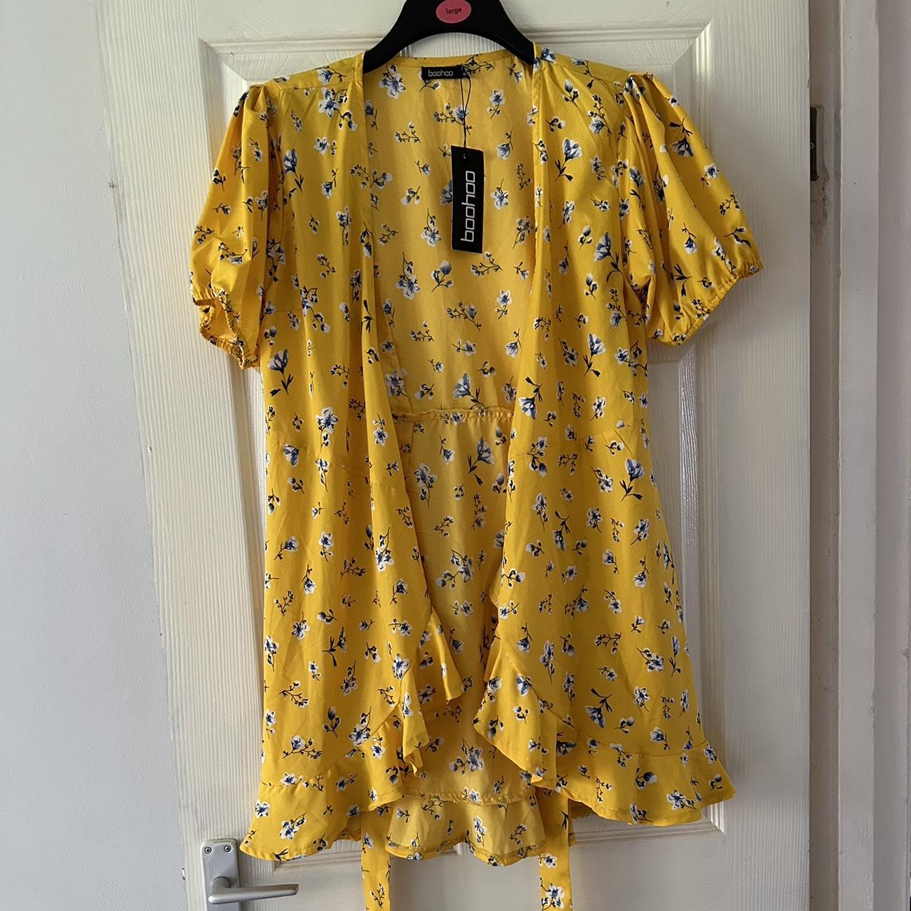 Mustard Yellow floral boohoo wrap dress brand new... - Depop