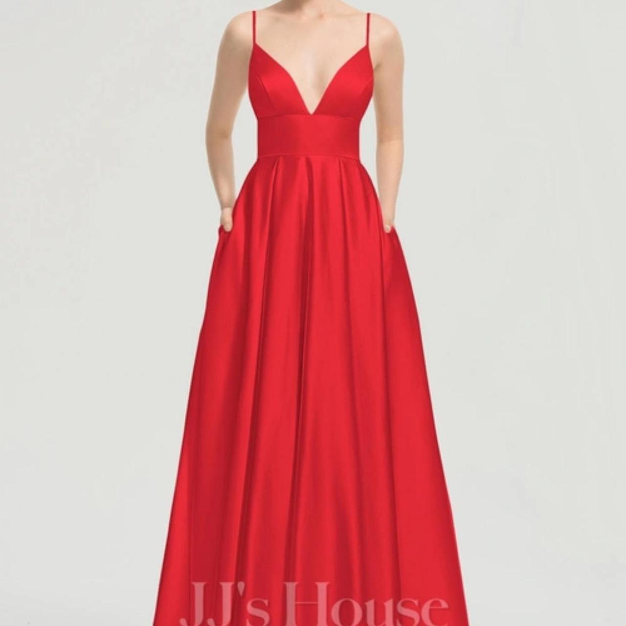 JJs house red satin prom dress a line v neck floor... - Depop