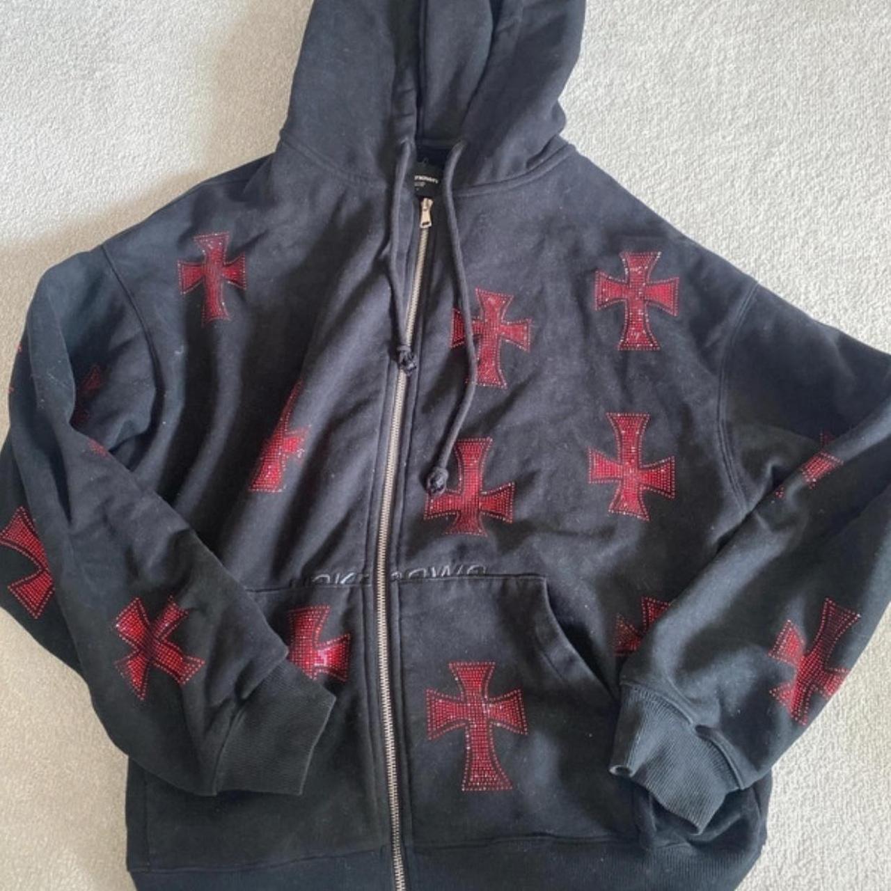 unknown london red and black cross rhinestone zip up... - Depop