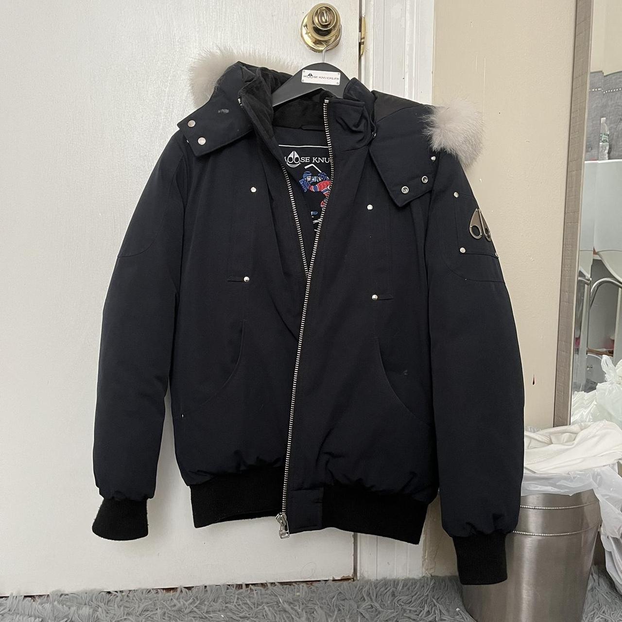 Moose knuckle classic bomber. Navy blue, white fur.... - Depop