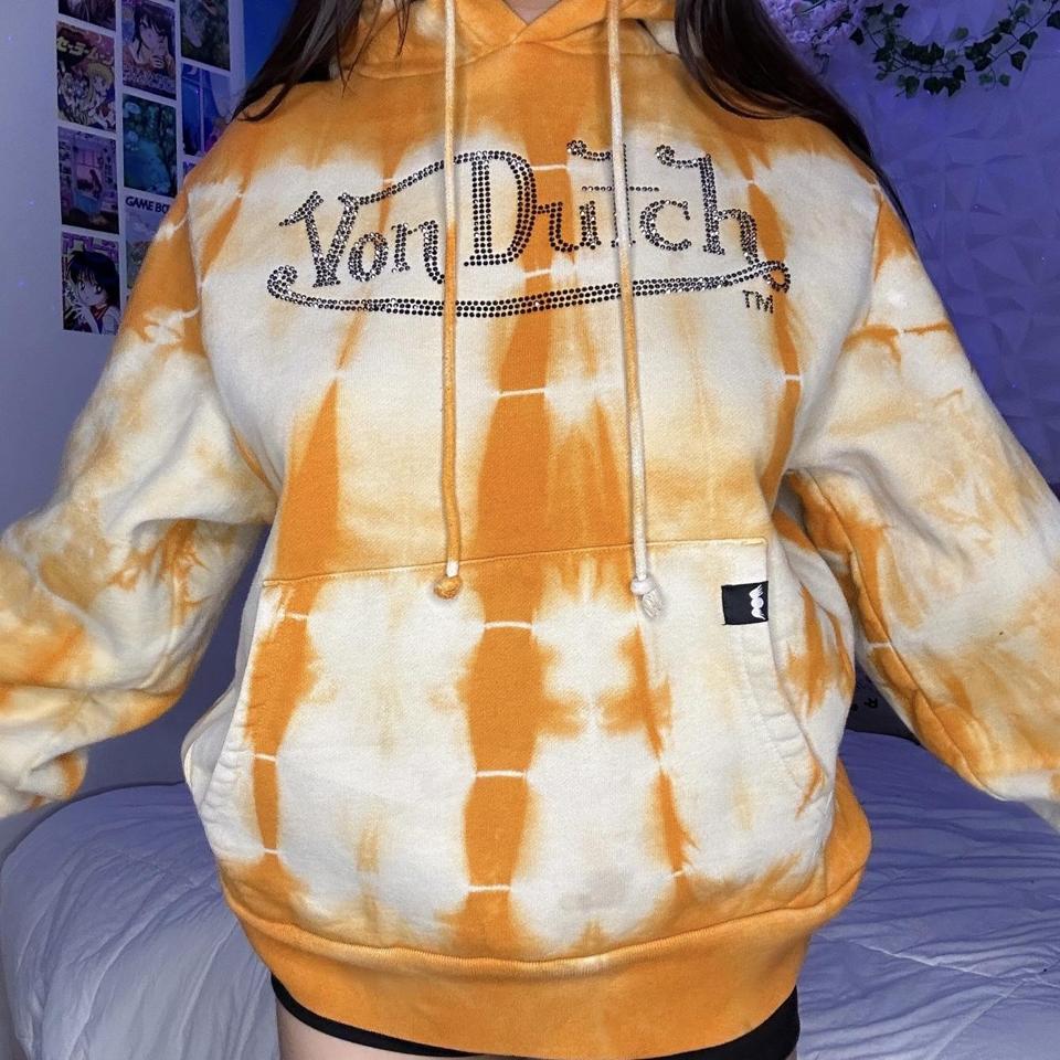 Von Dutch hoodie white and orange tie dye with black. Depop