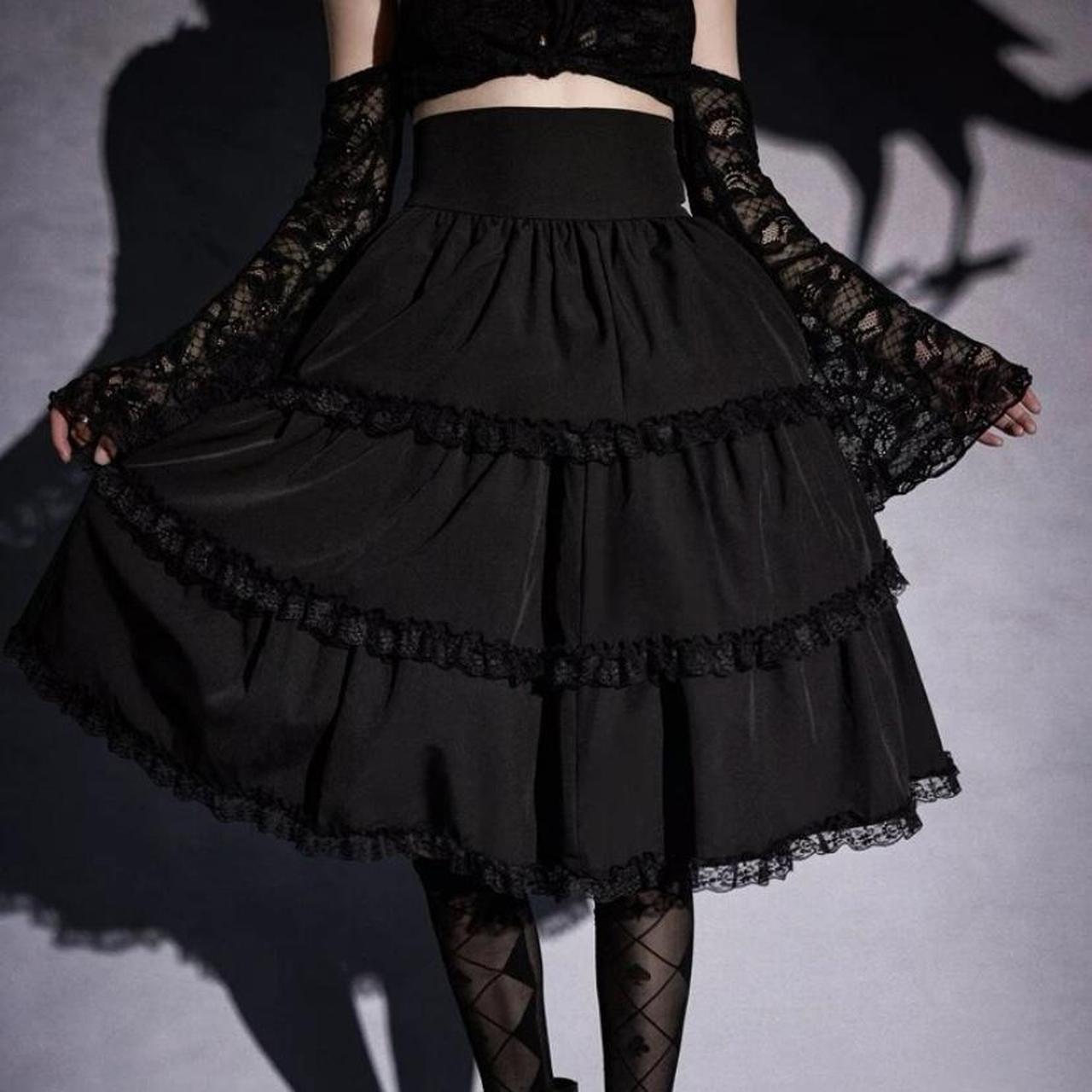 black frilly long goth lolita style skirt with... - Depop