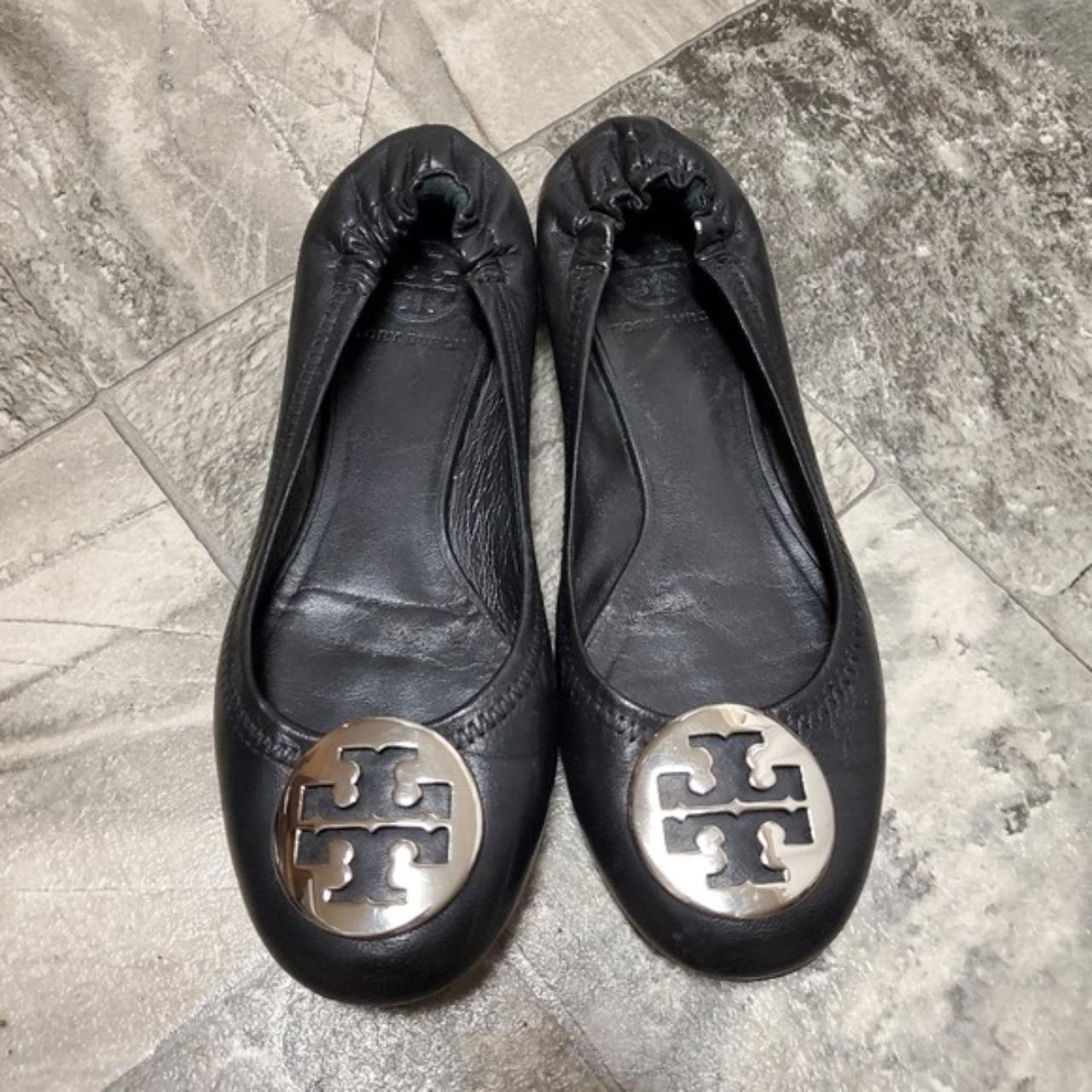 Tory Burch Reva Ballerina Flats Black Leather Silver Depop