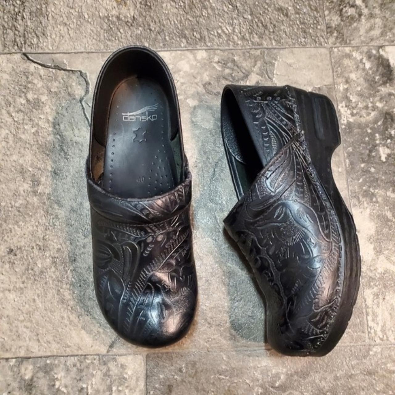 Dansko black tooled leather clogs on sale