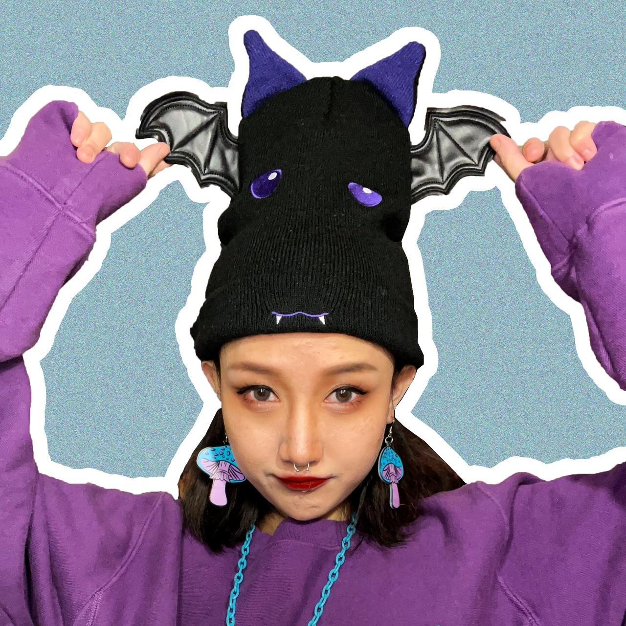 Dolls Kill Dwell The Night Bat Purple/Black Beanie... - Depop