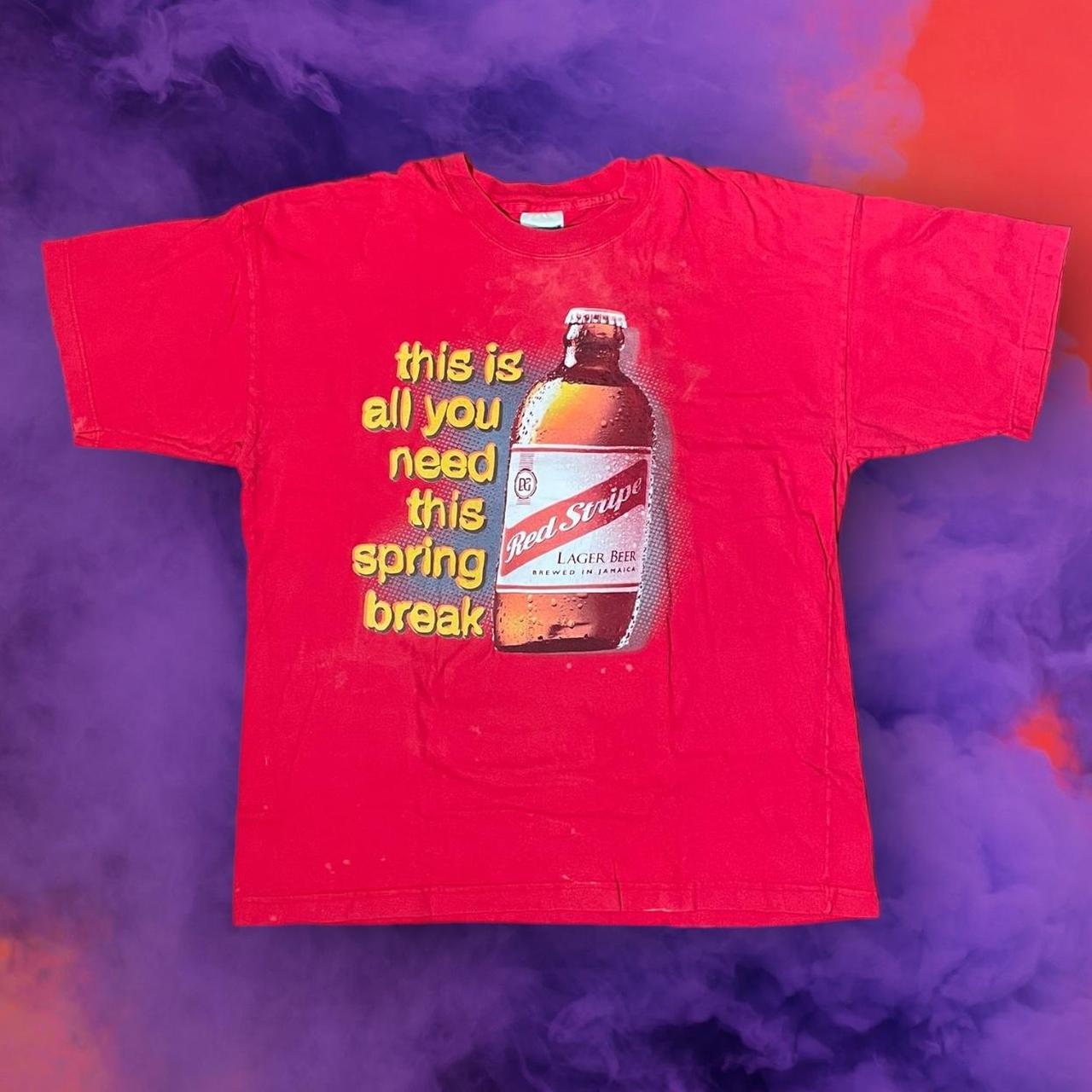 Vintage red store stripe beer shirt