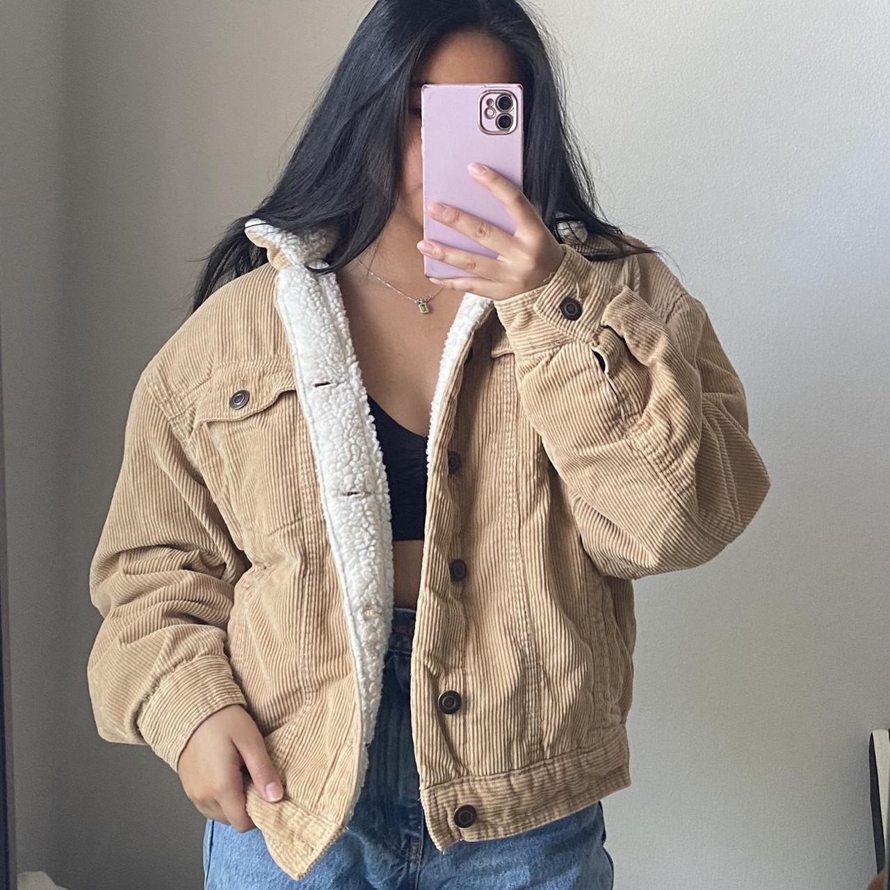 “Forever 21” men’s fleece fur trim beige jacket... Depop