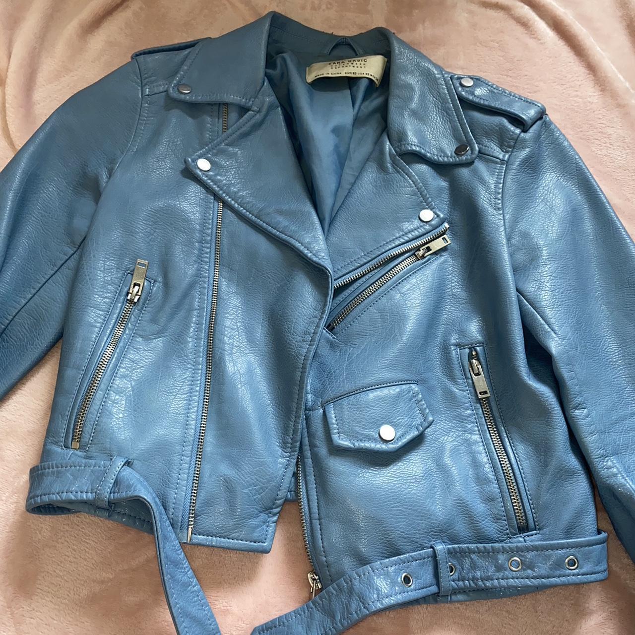 Zara basics blue cropped leather jacket Depop