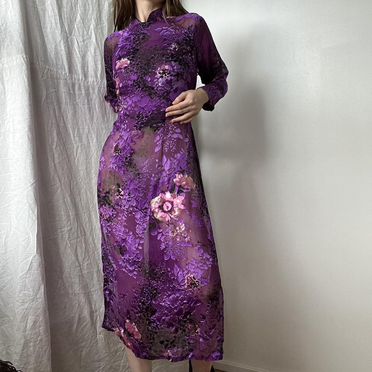 100% Silk sheer dress - long floral long sleeve slip... - Depop