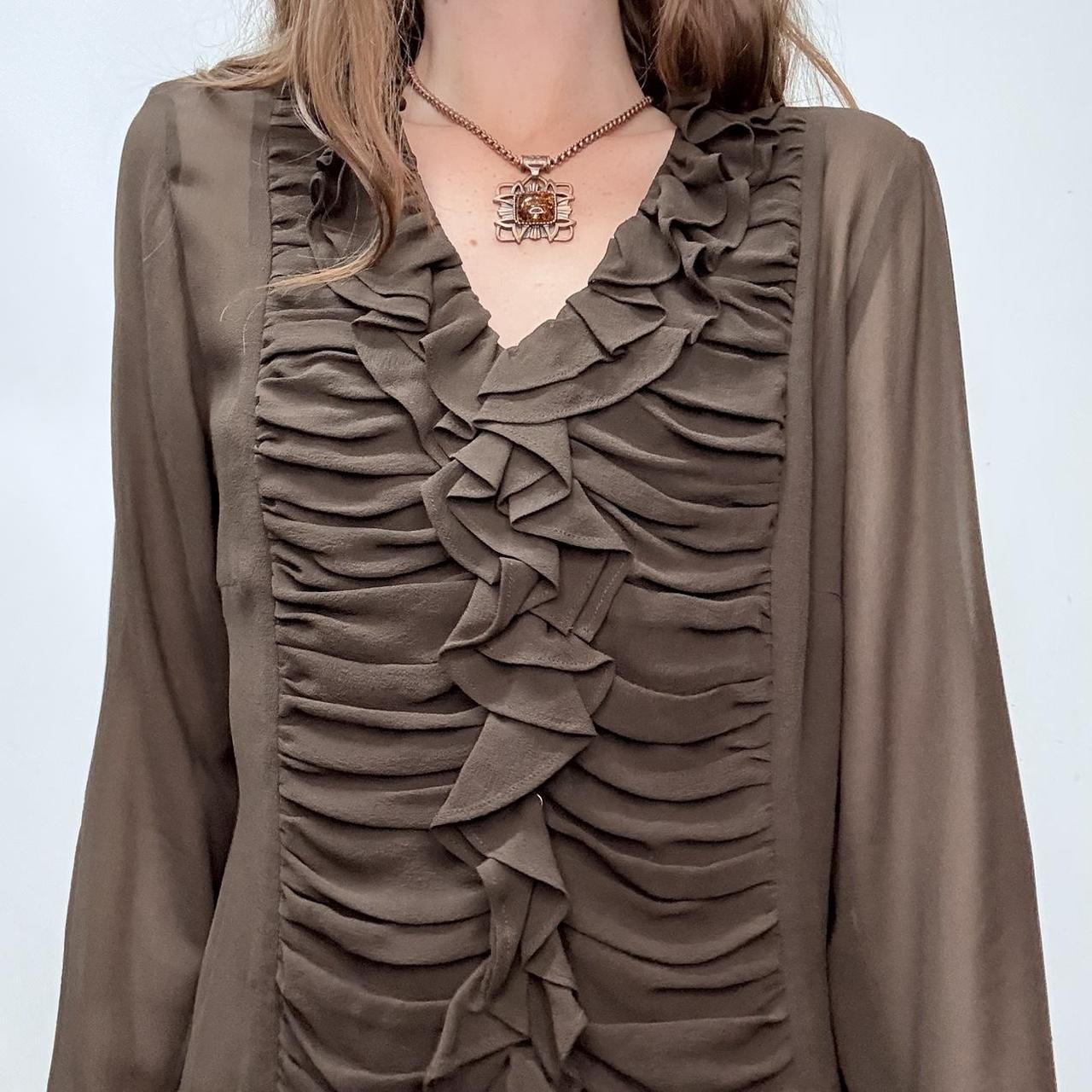 Sheer brown silky gathered ruffle shirt image 4