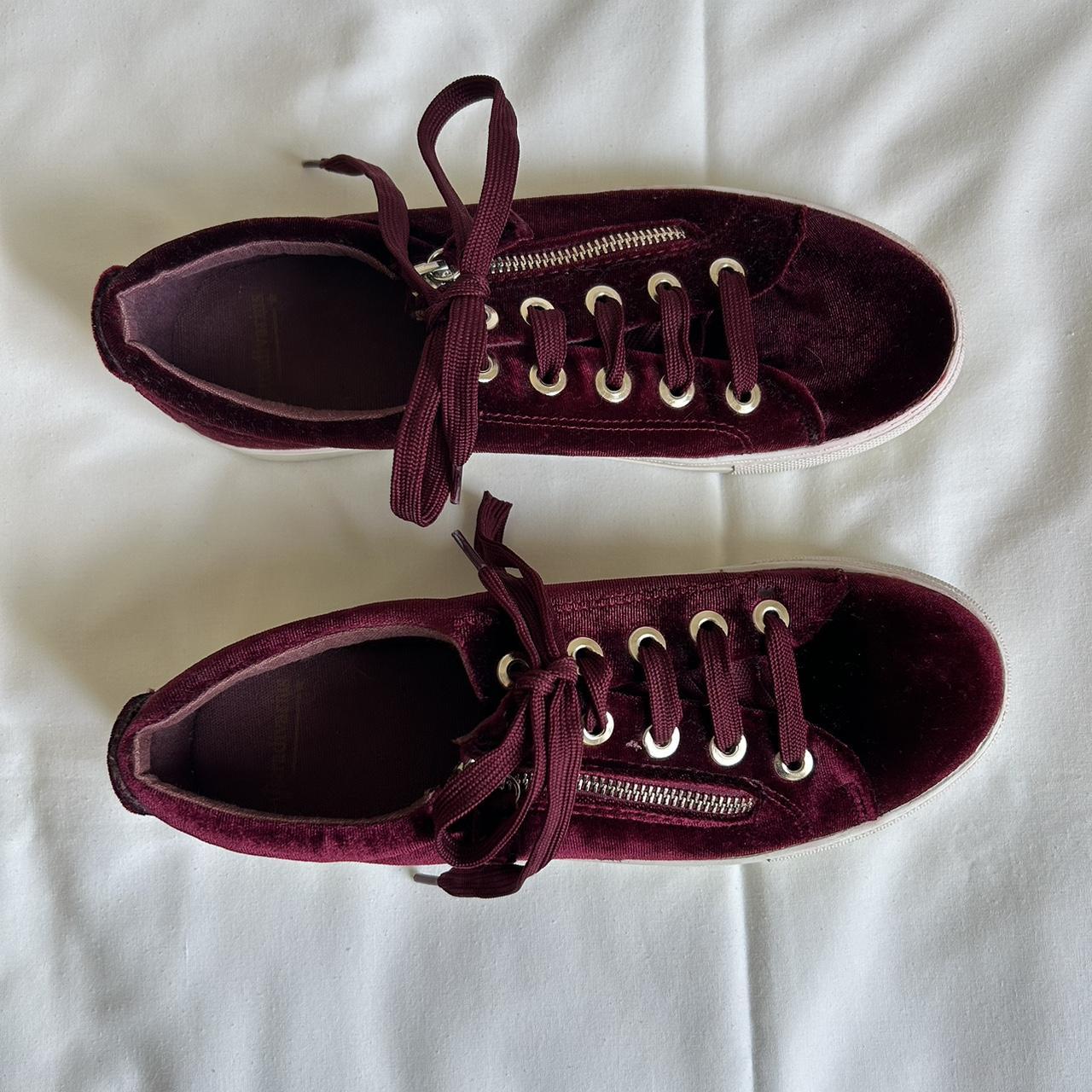 Burgundy velvet runners trainers with silver Depop