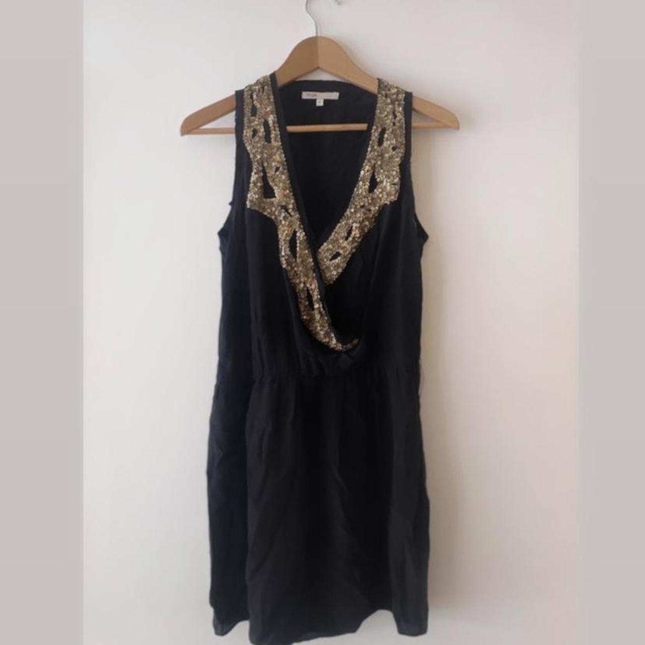 Maje black silk dress gold sequin collar UK8 Maje... - Depop