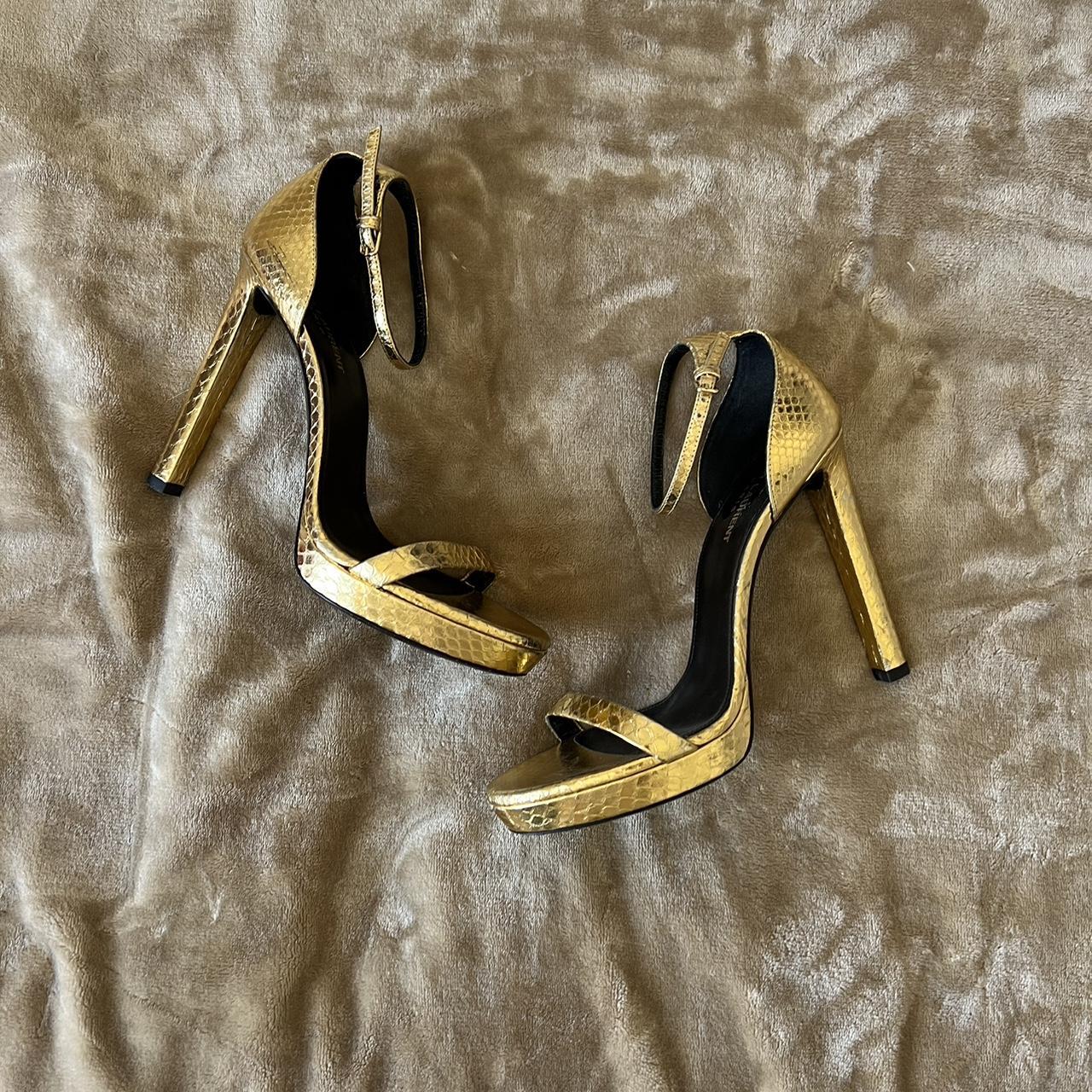 Yves Saint Laurent Women's Gold and Black Sandals | Depop