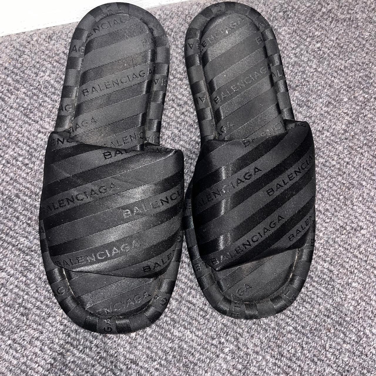 BALENCIAGA black hotel satin slides with monogram. Depop