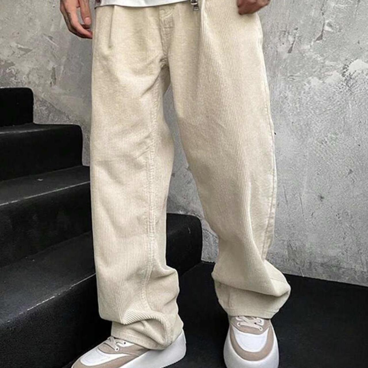 Cream/ apricot pleated woven drawstring trousers,... - Depop