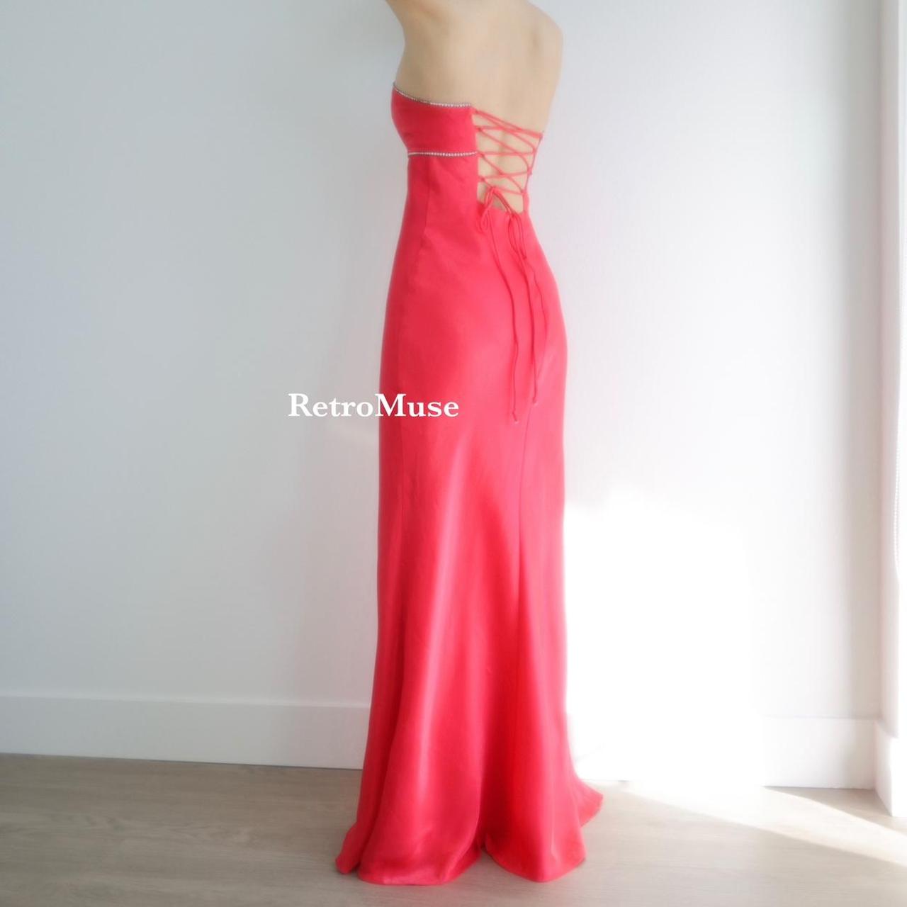 90s vintage strapless red satin gown prom... - Depop