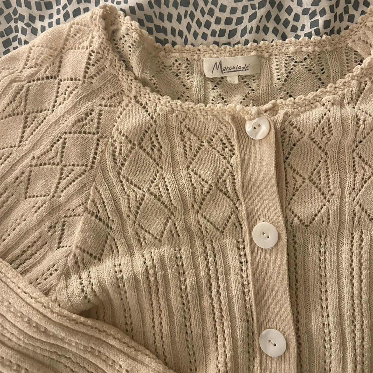 Cream crochet cardigan. Hits right above the waist.... - Depop