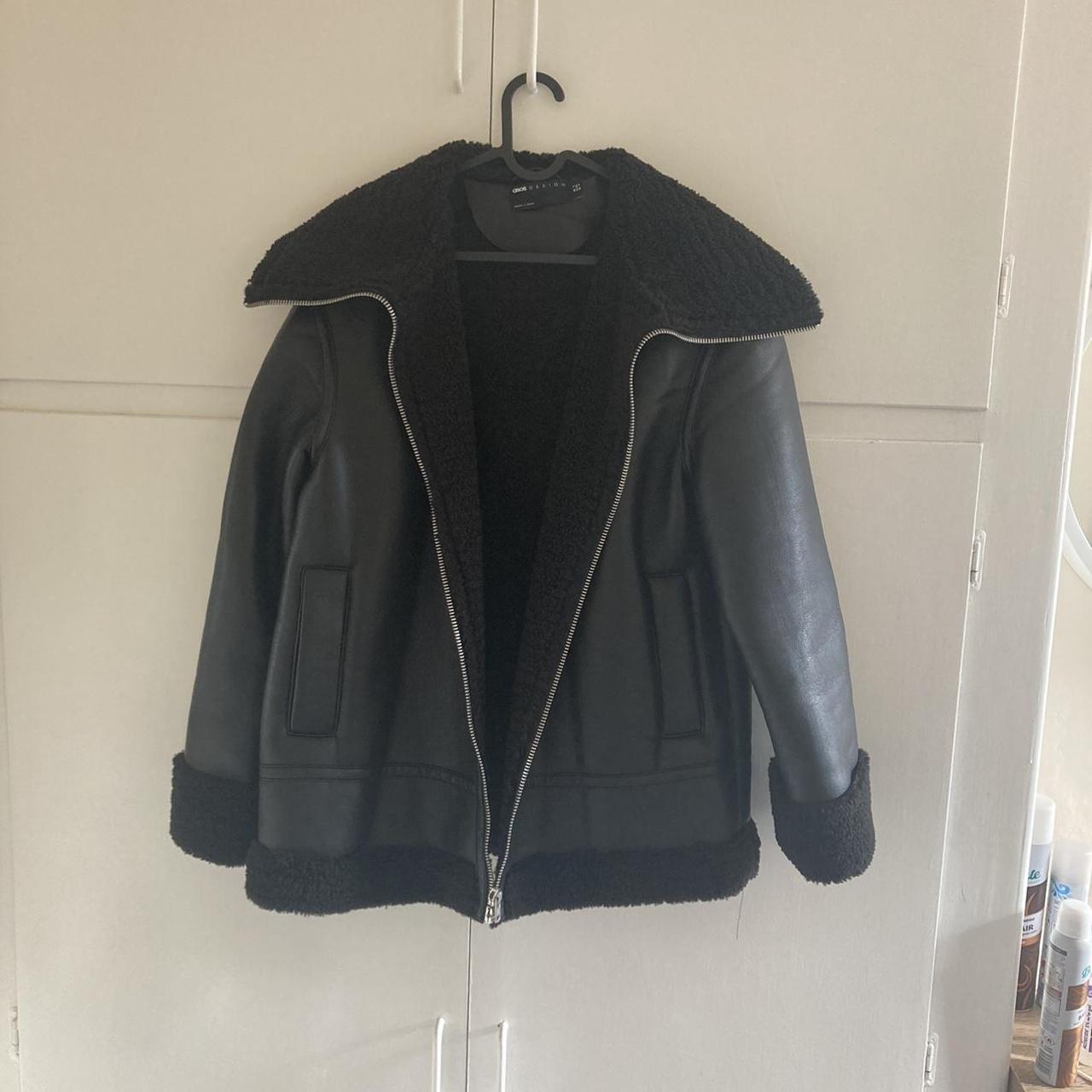 Black faux leather ASOS coat. Only worn a few times,... - Depop