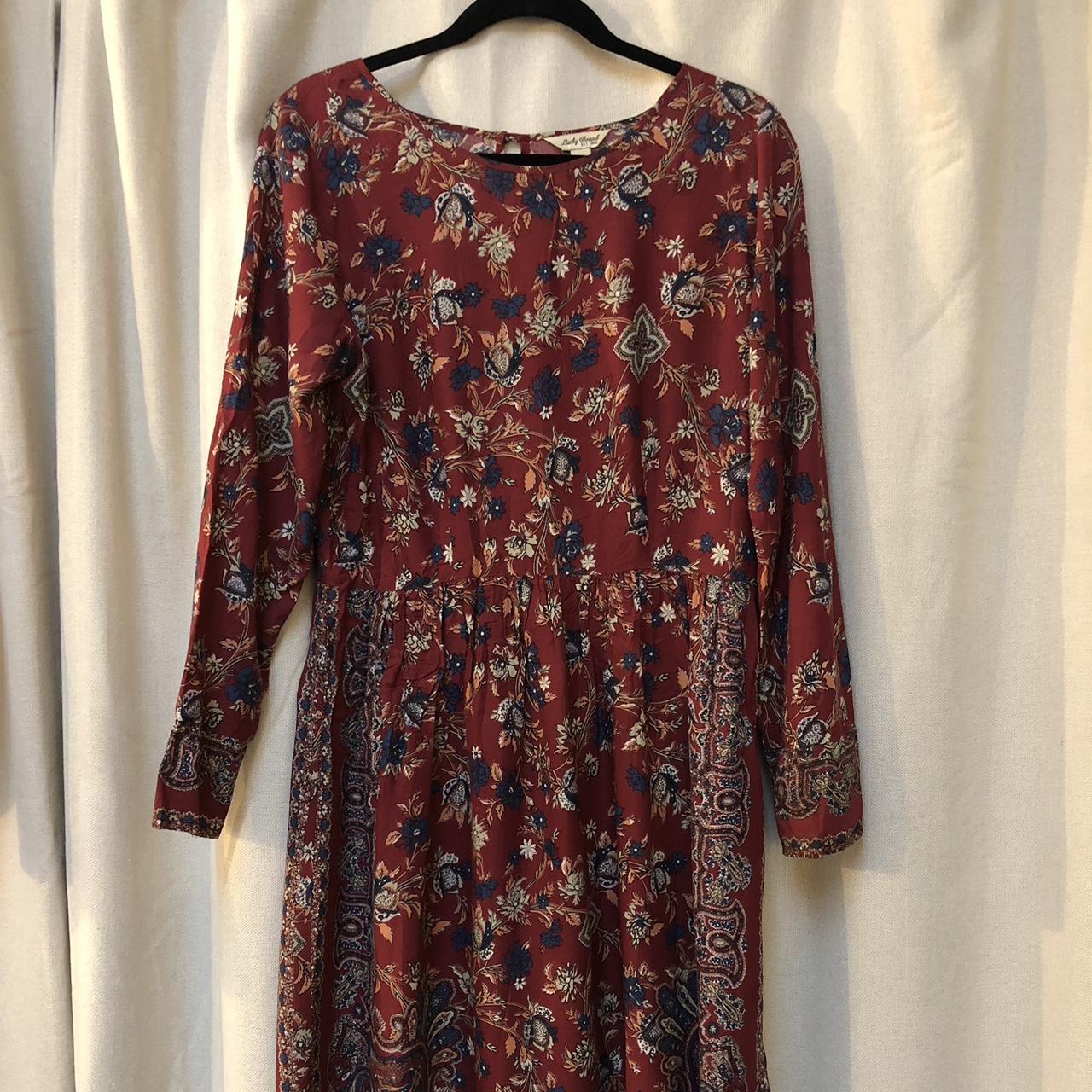 Lucky Brand Women's Burgundy and Red Dress | Depop