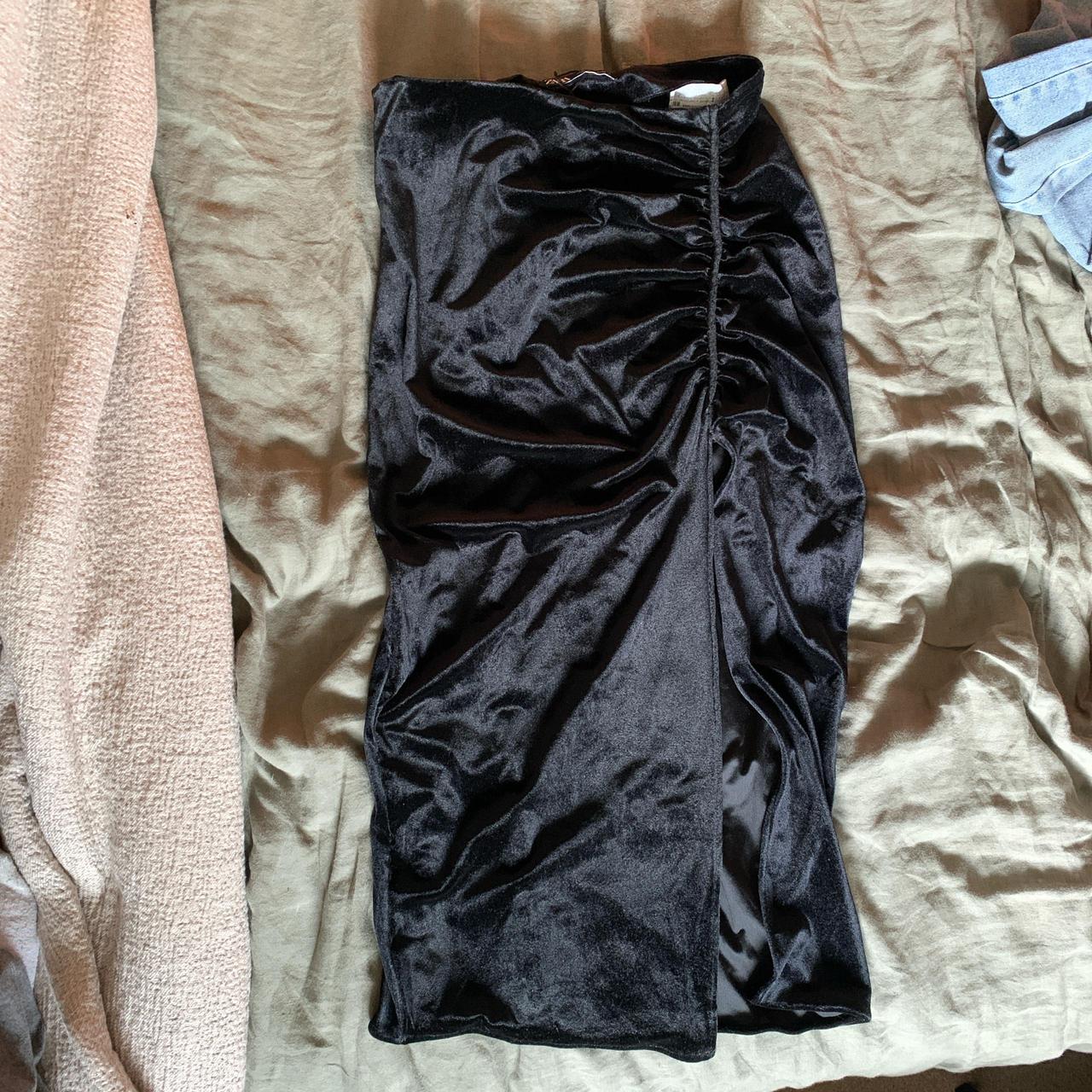 Zara black velvet midi skirt with gathered slit | Depop
