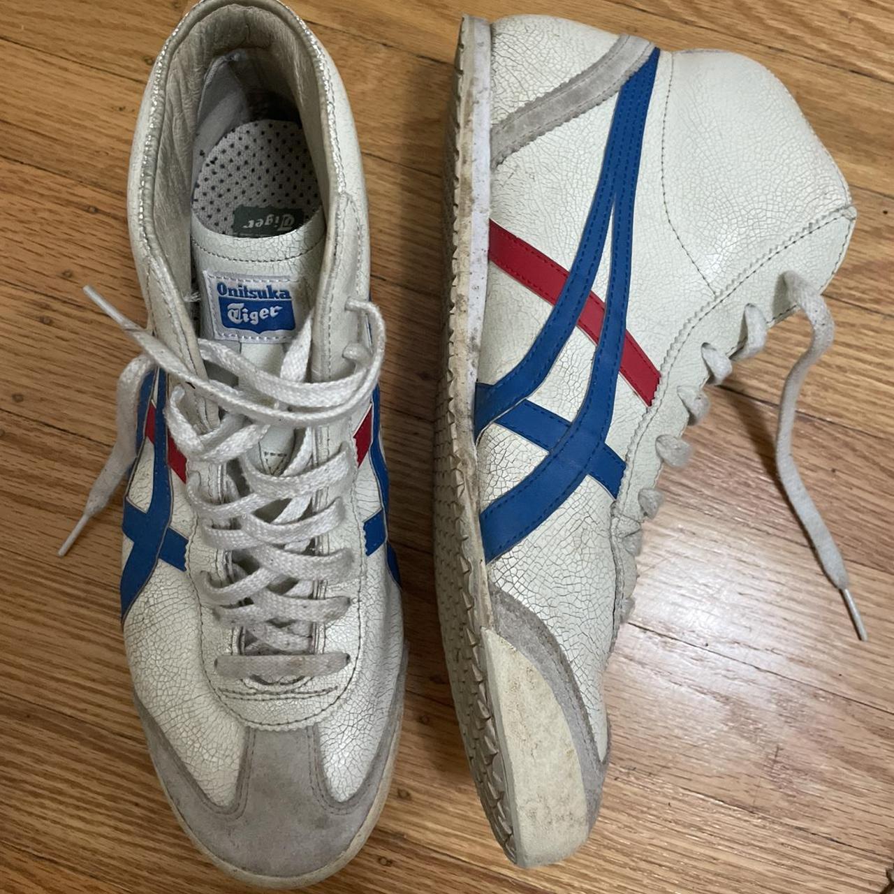 onitsuka tiger high top sneakers red and blue color... - Depop