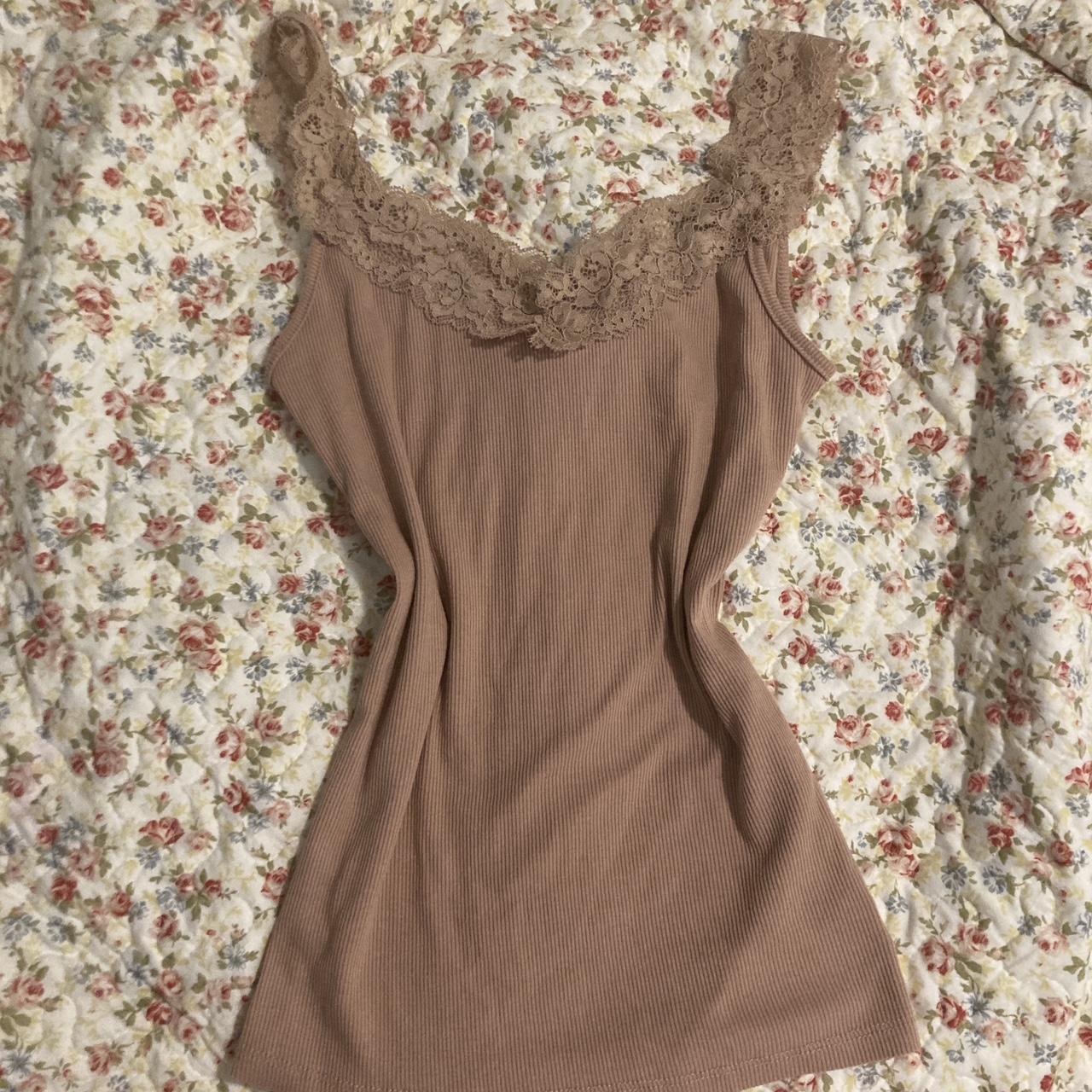 pinkish beige lace tank top ribbed and so... - Depop