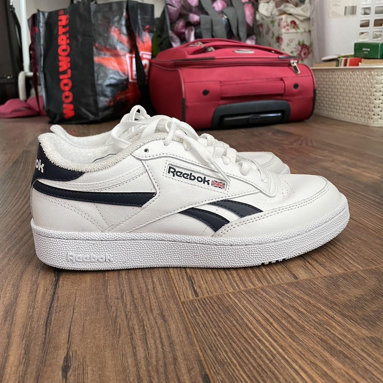 White, ver dark navy (can look black) striped reebok... - Depop