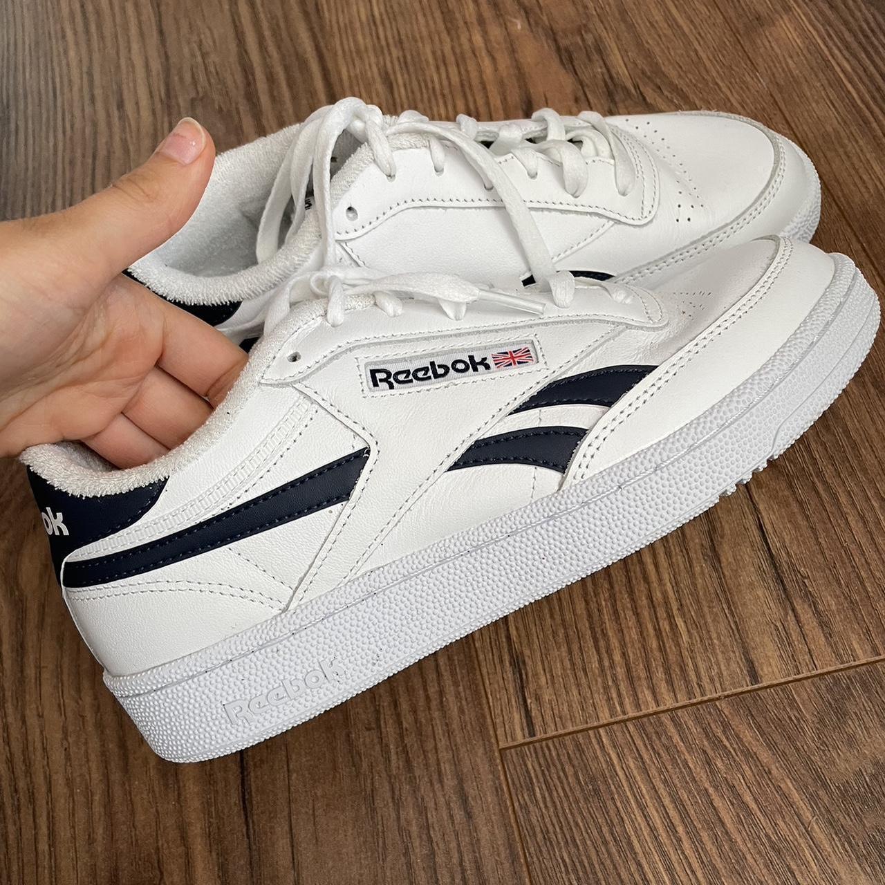 White, ver dark navy (can look black) striped reebok... - Depop