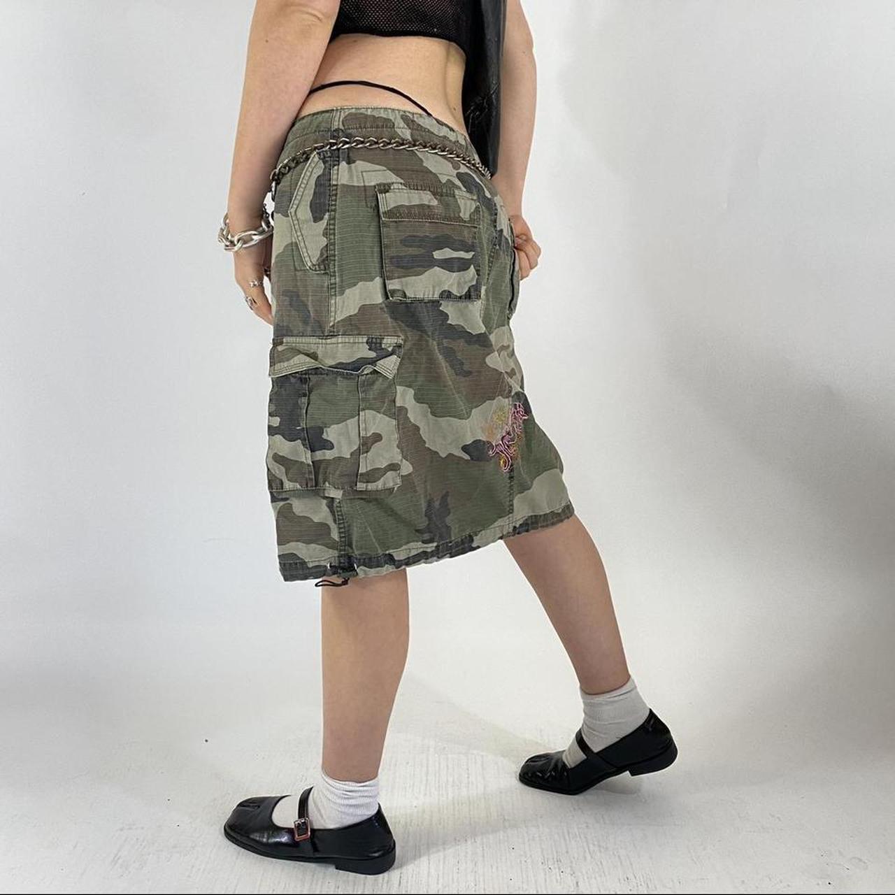Y2k vintage camo cargo midi skirt with pink dragon | Depop