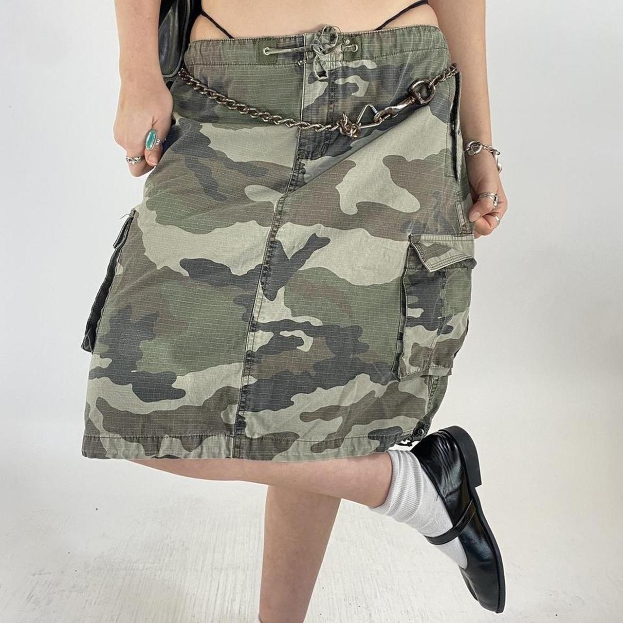 Y2k vintage camo cargo midi skirt with pink dragon | Depop