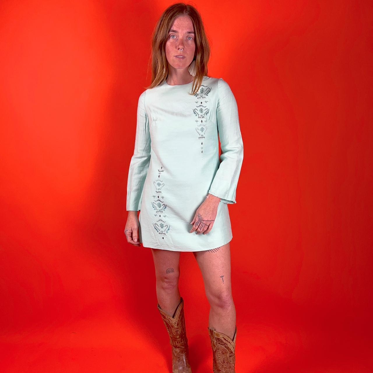 Vintage 60's silk mini dress in pastel mint green.... Depop