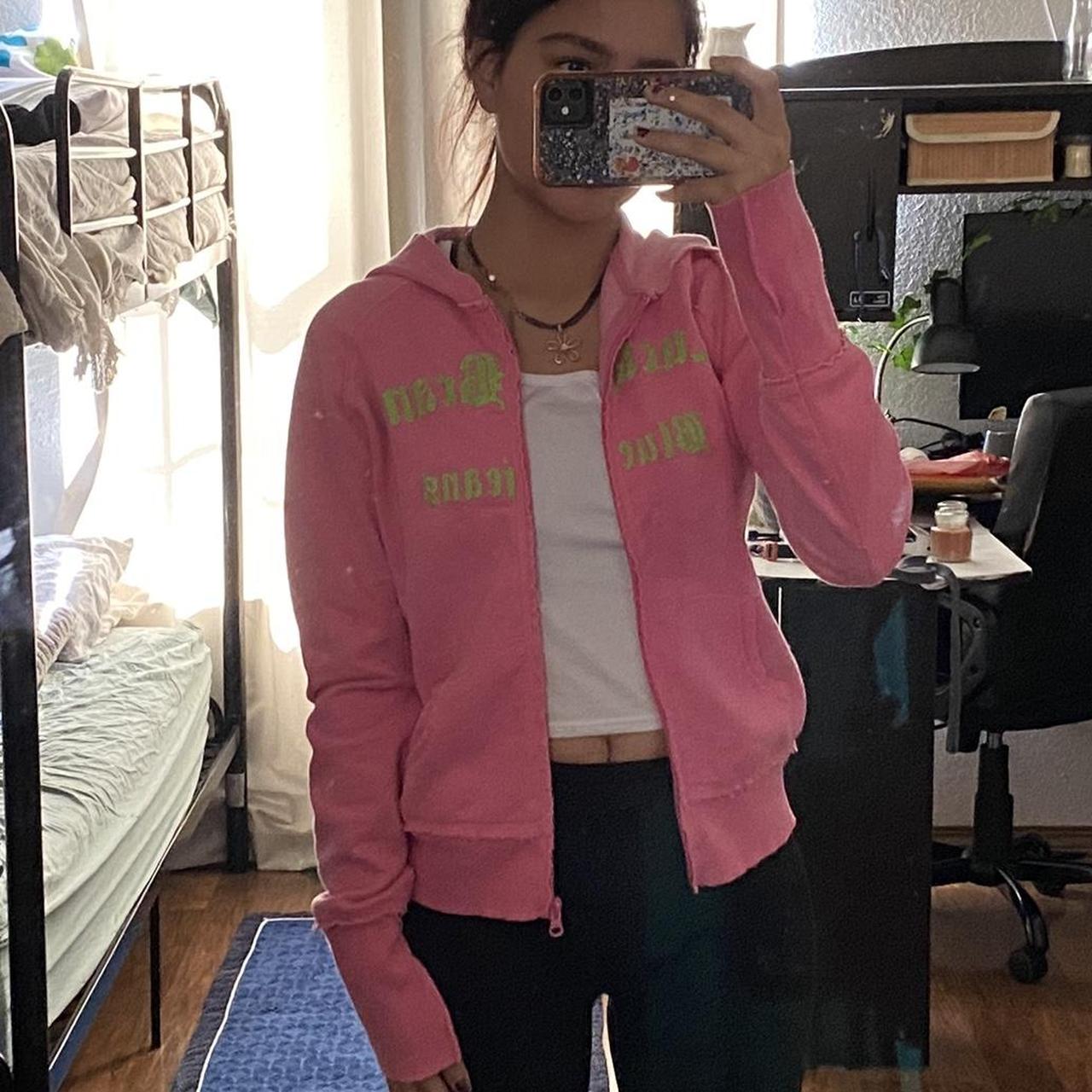 Lucky Brand Women's Pink and Green Hoodie | Depop