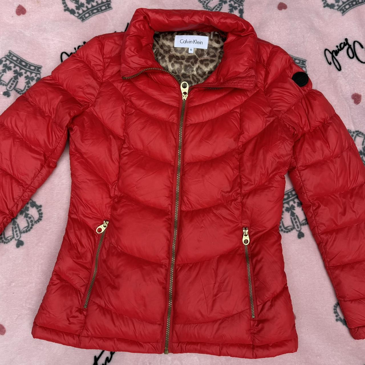 Like new Red puffer jacket with leopard Depop