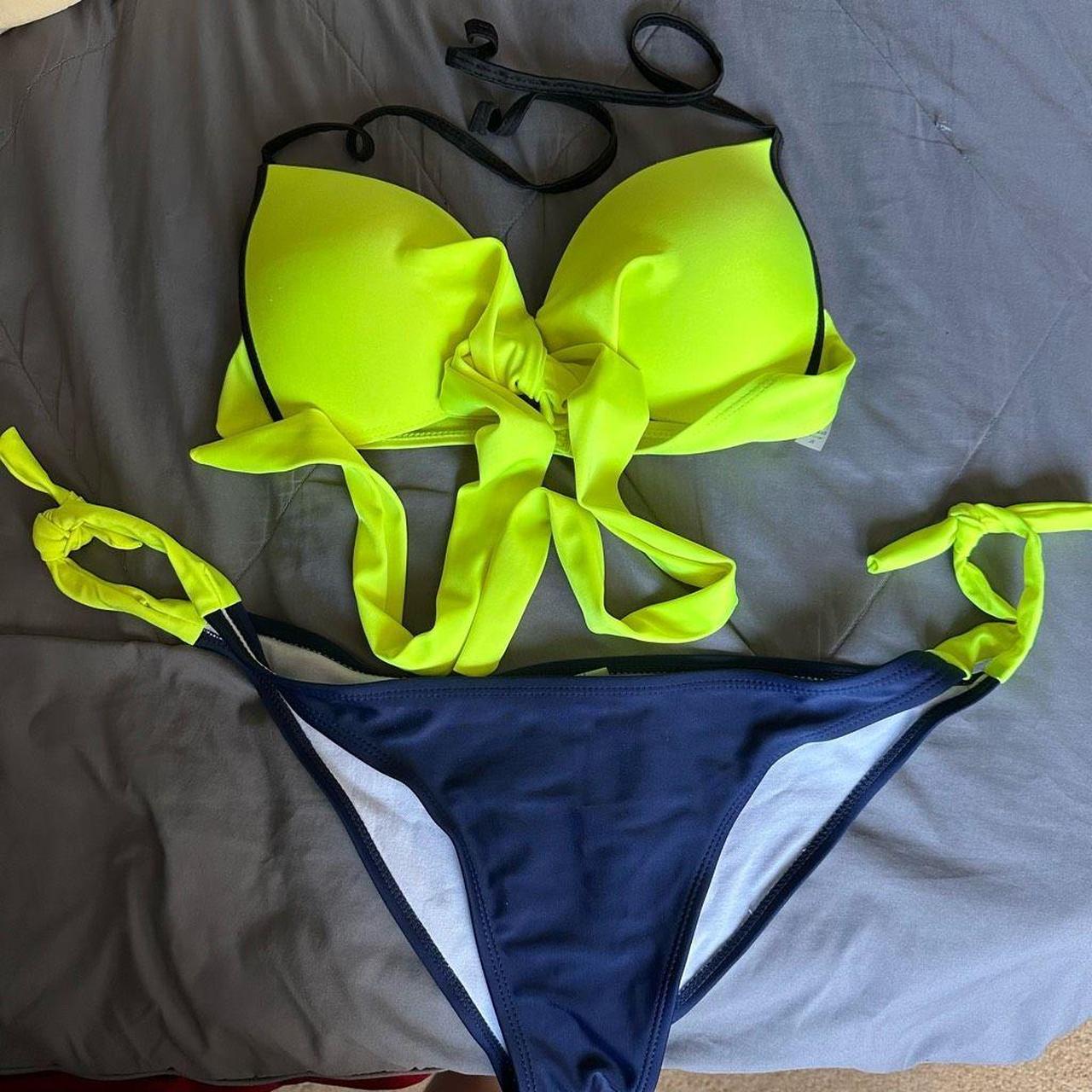 Neon Yellow/Blue 2pc bikini front tie, back Depop