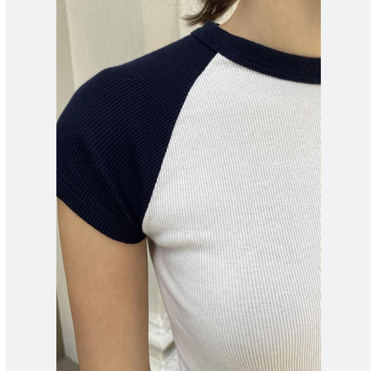 Brandy Melville Bella ribbed top navy and white - Depop