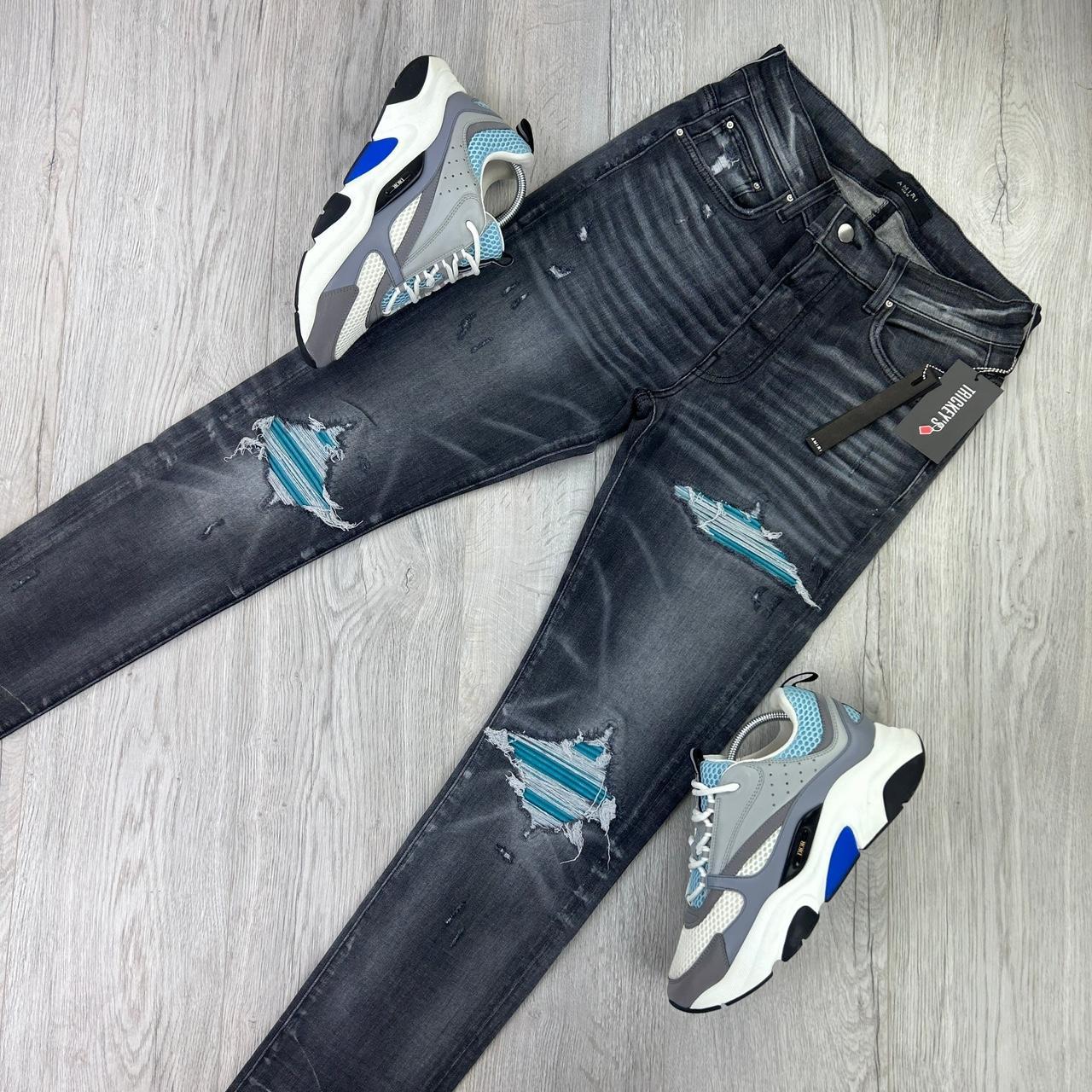 amiri mx1 30 タグ付き Amiri Men's MX1 Black Distressed Jeans Blue Patch | Depop
