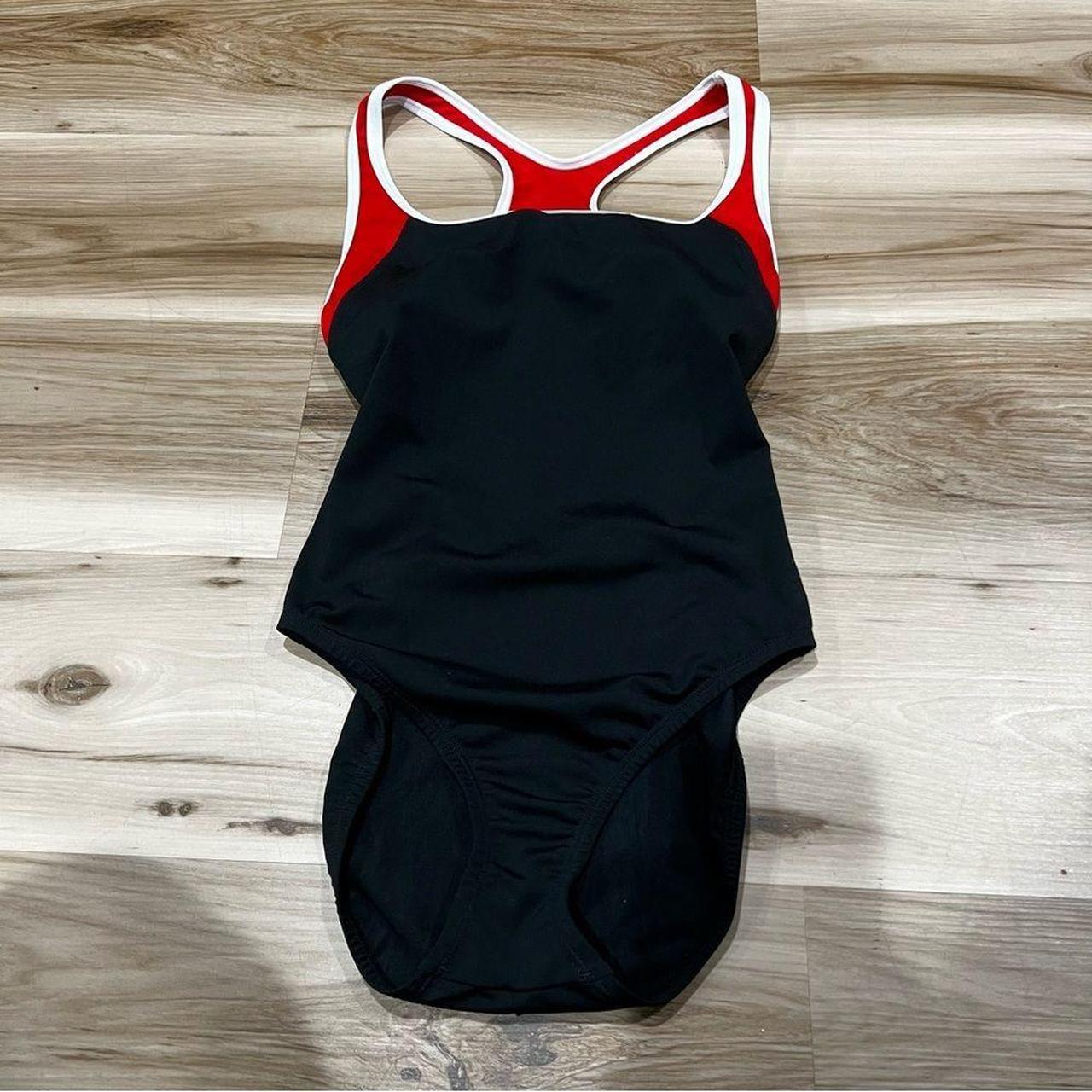 Speedo Endurance Black and Red One Piece Swimsuit - Depop