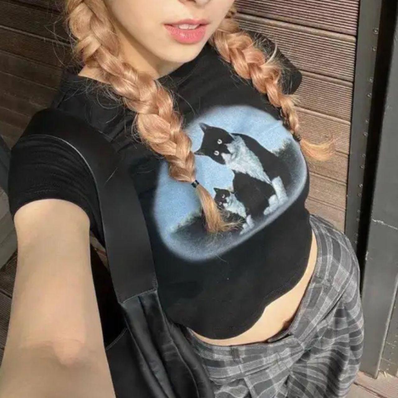 Cider Cat Print Cropped Shirt Women’s... Depop