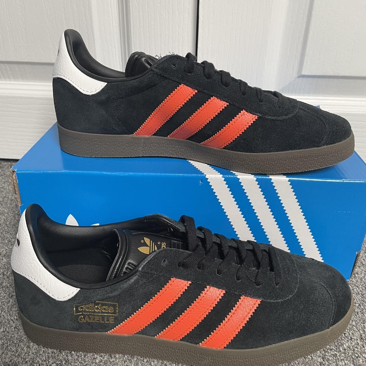 Adidas Gazelle black and orange trainers size 8. Depop