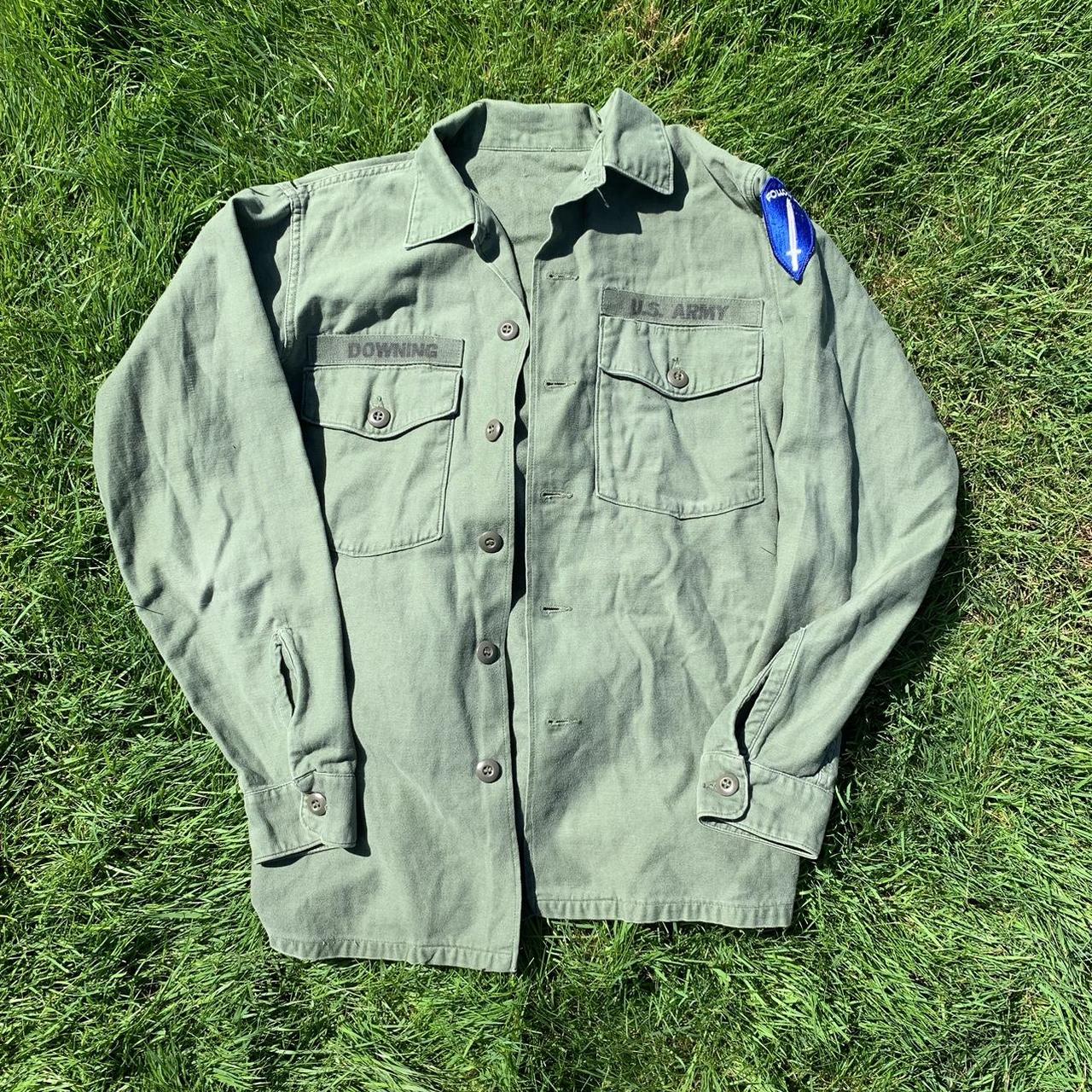 Vintage US Army military green button up shirt... Depop