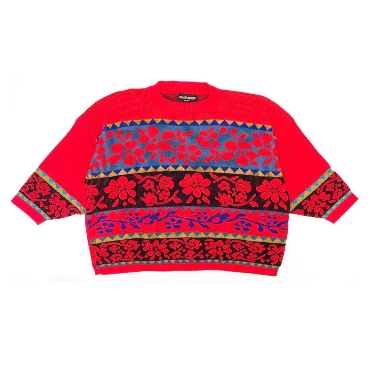 80s floral geometric sweater 1980s vintage 100%... - Depop