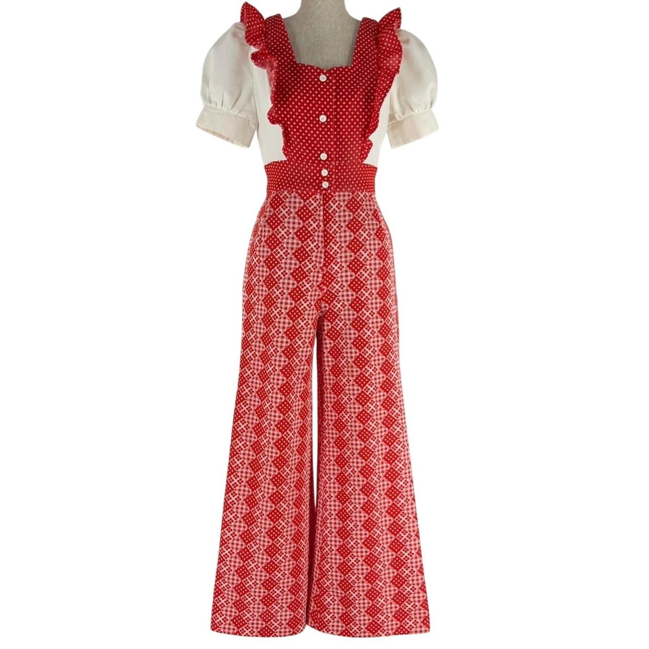 Vintage Women's Polyester Jumpsuit - Red/White – … - image 1