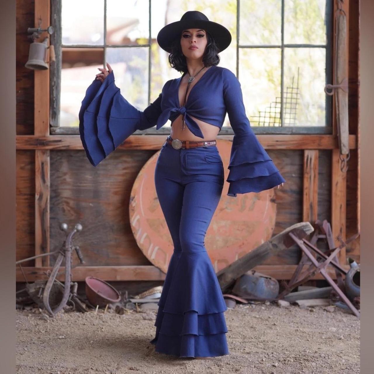 Jezebel Set Blue Denim Jumpsuit Selena 70s Depop